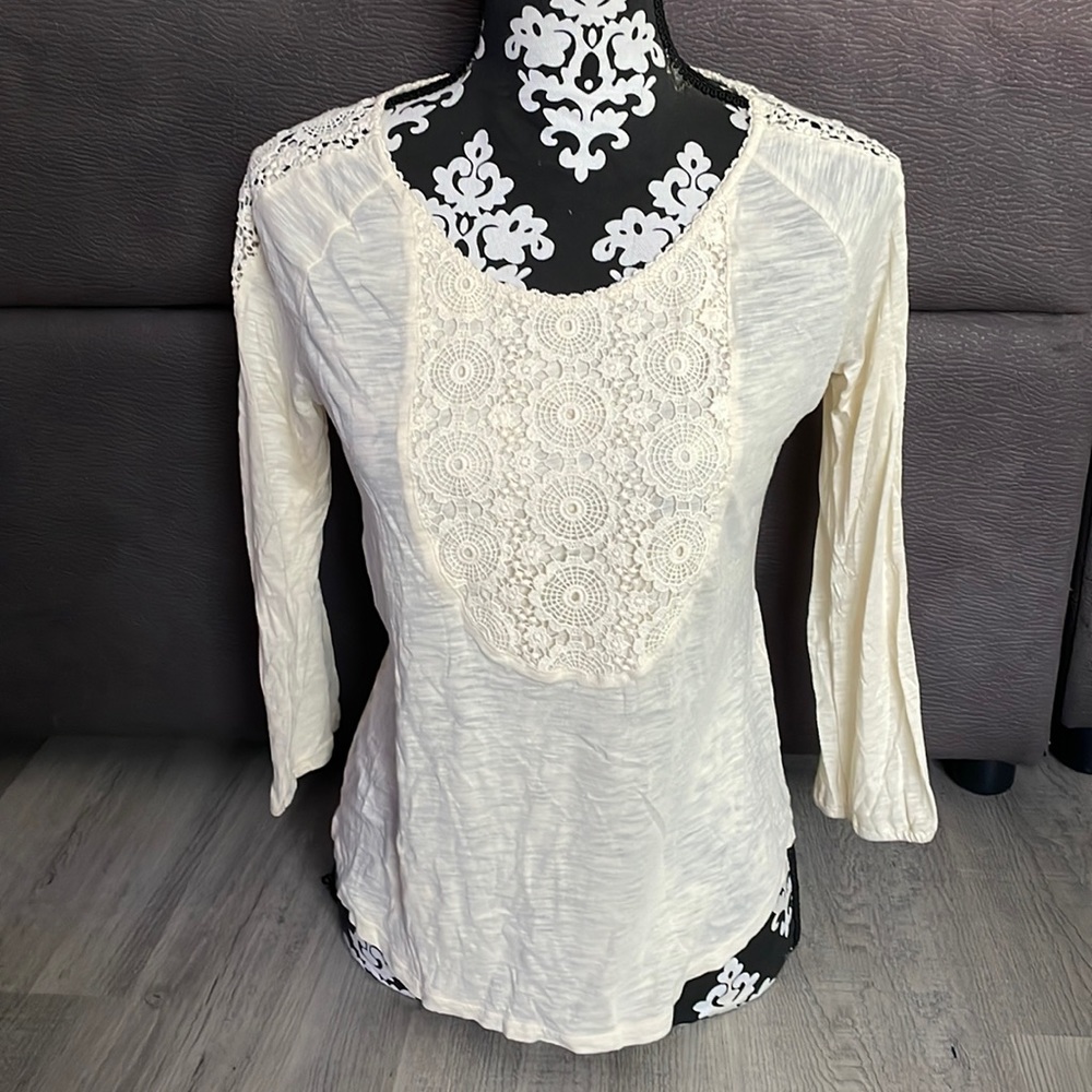 LUCKY BRAND Cream 3/4 Sleeve Lace Top Size Small